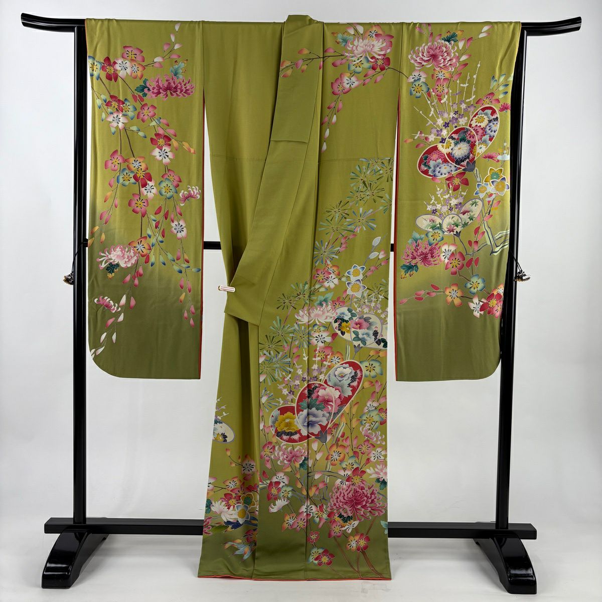 振袖禮服 身長169cm 袖長67.5cm L 雙層 真一 落款あり 梅花 牡丹 漸層 抹茶 純蠶絲 逸品級