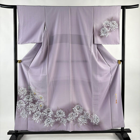 付下 身長158cm 袖長63cm S 雙層 藤本隆士 落款 草花紋紋 螺鈿 金銀彩 淡紫 純蠶絲 逸品級