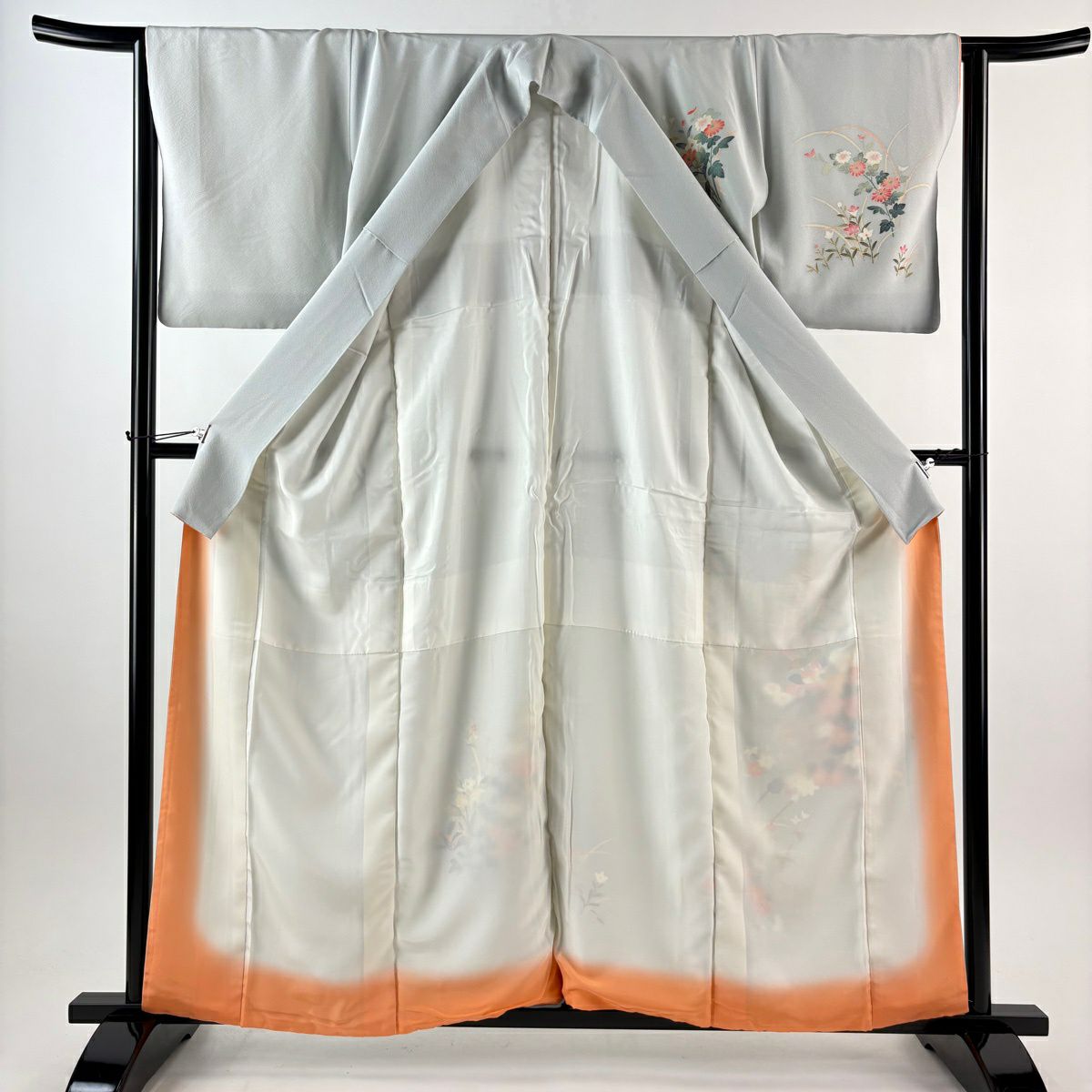 付下 身長159cm 袖長64.5cm M 雙層 和泉衛知 加賀友禪 落款 花車 漸層 青灰 純蠶絲 逸品級