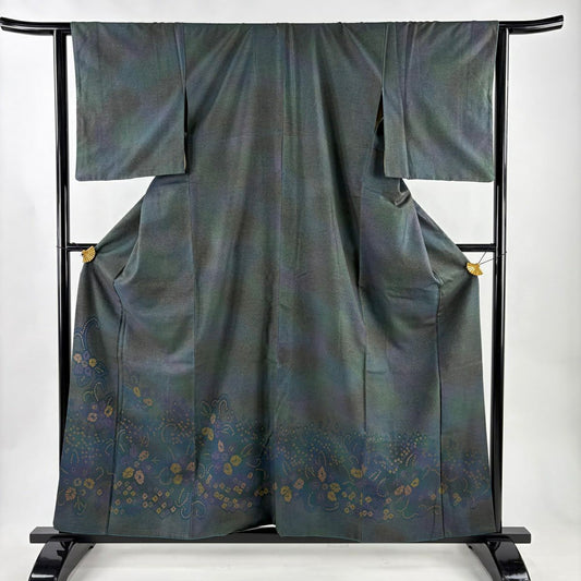付下 身長159cm 袖長63.5cm S 雙層 菅原結 召地 漢方染 やまと 有落款 草花紋紋 深綠 純蠶絲 逸品級