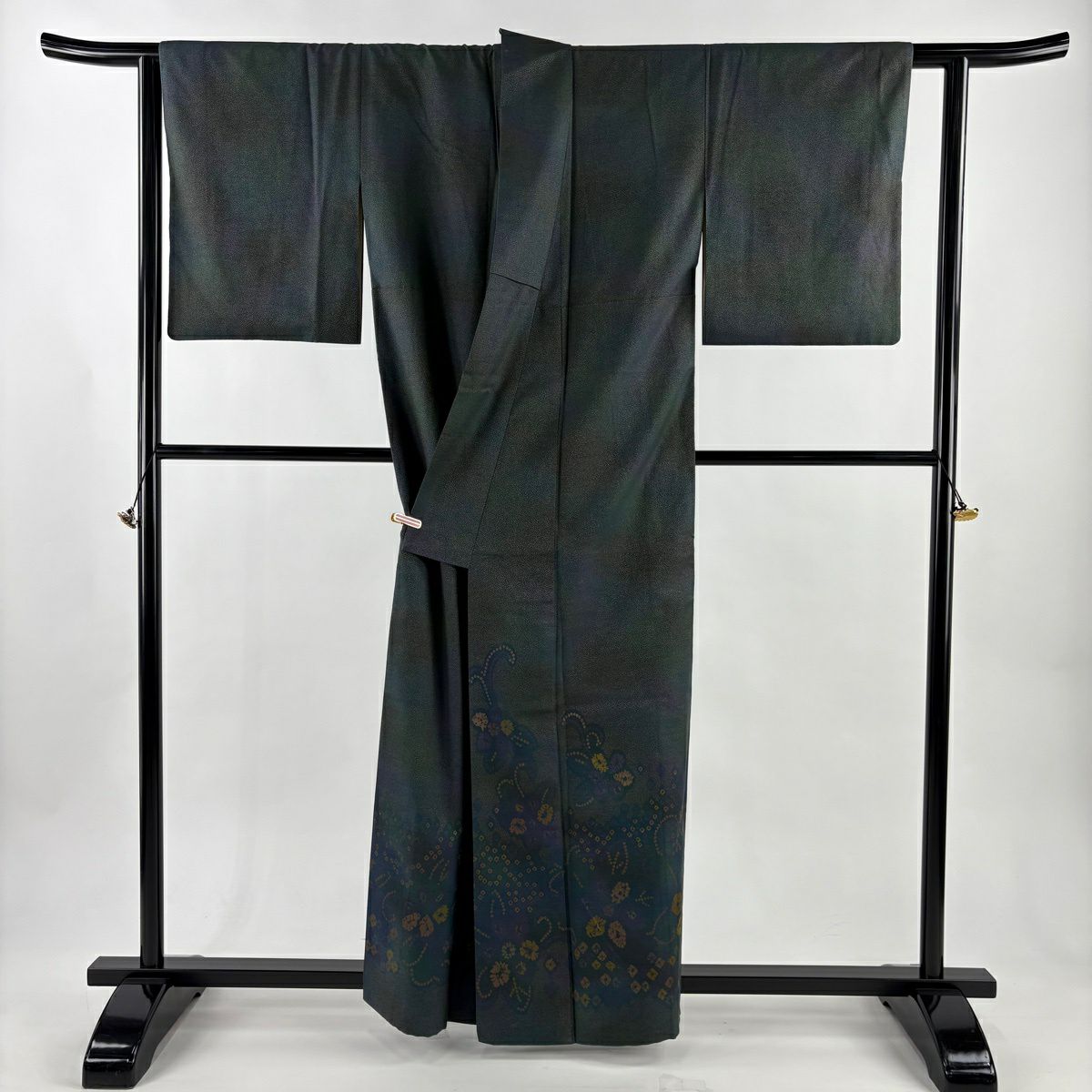 付下 身長159cm 袖長63.5cm S 雙層 菅原結 召地 漢方染 やまと 有落款 草花紋紋 深綠 純蠶絲 逸品級