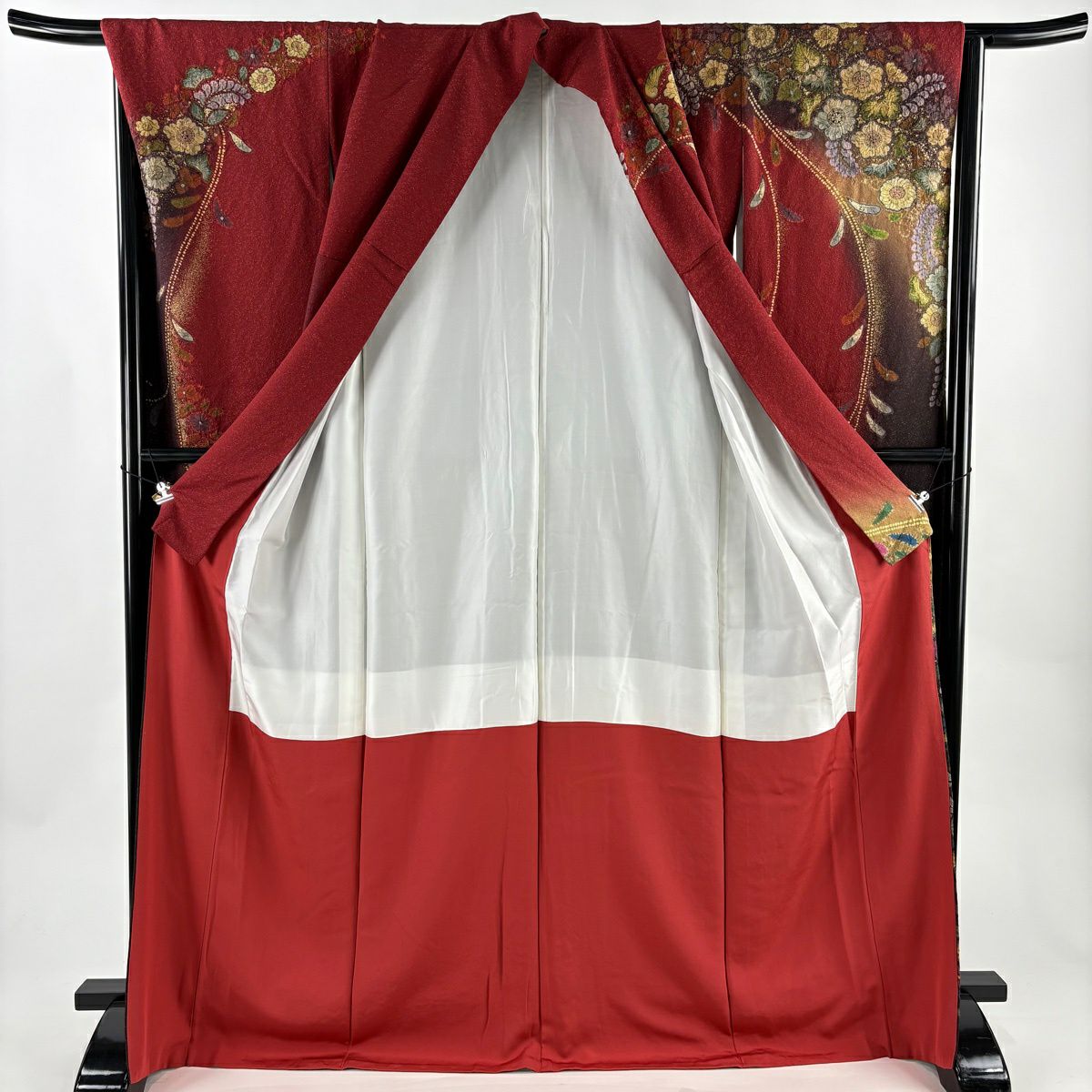 【美品】振袖禮服 身長170cm 袖長67.5cm L 雙層 辻花染 金通 金銀彩 茜 純蠶絲 逸品級
