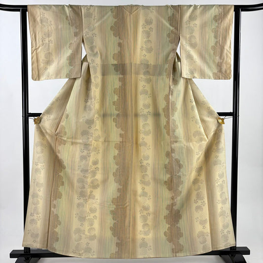 【美品】結城紬織 身長160.5cm 袖長63cm S 雙層 はたおり娘 奥順 やまと 證書あり 雪輪 龜甲絣 米色 純蠶絲 逸品級