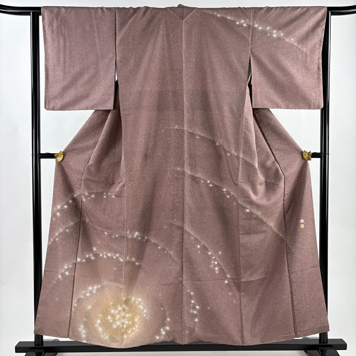 【美品】訪問服 身長157cm 袖長64cm M 雙層 牛首紬織織地 落款あり 幾何學 漸層 小豆色 純蠶絲 逸品級