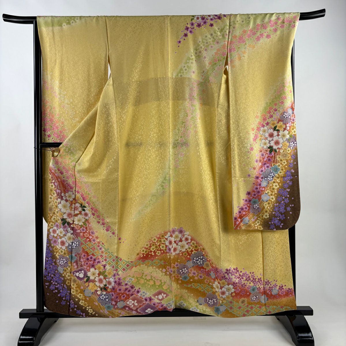 振袖禮服 身長159.5cm 袖長68cm L 雙層櫻梅花金通金銀彩黃色純蠶絲逸品級