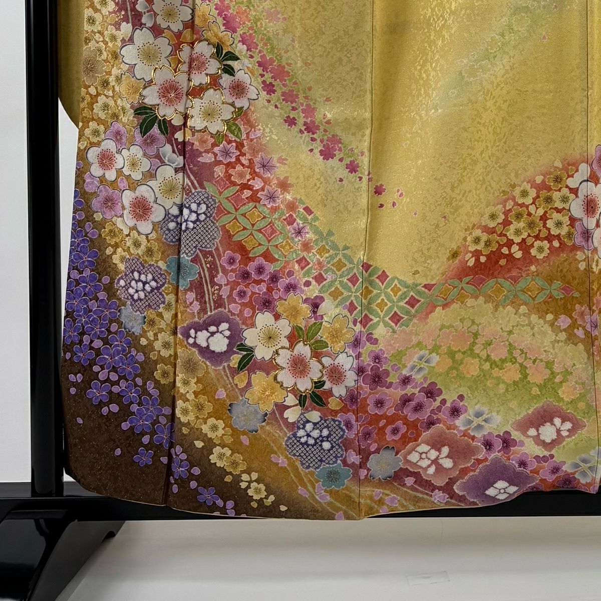 振袖禮服 身長159.5cm 袖長68cm L 雙層櫻梅花金通金銀彩黃色純蠶絲逸品級