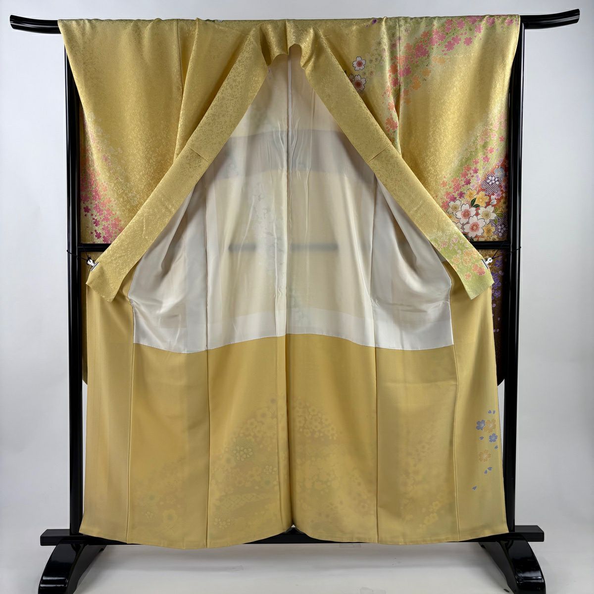 振袖禮服 身長159.5cm 袖長68cm L 雙層櫻梅花金通金銀彩黃色純蠶絲逸品級