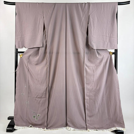 付下 身長173cm 袖長69cm 未仕立 單層畫羽 葉紋 刺繡 金線 灰紫 純蠶絲 優品級