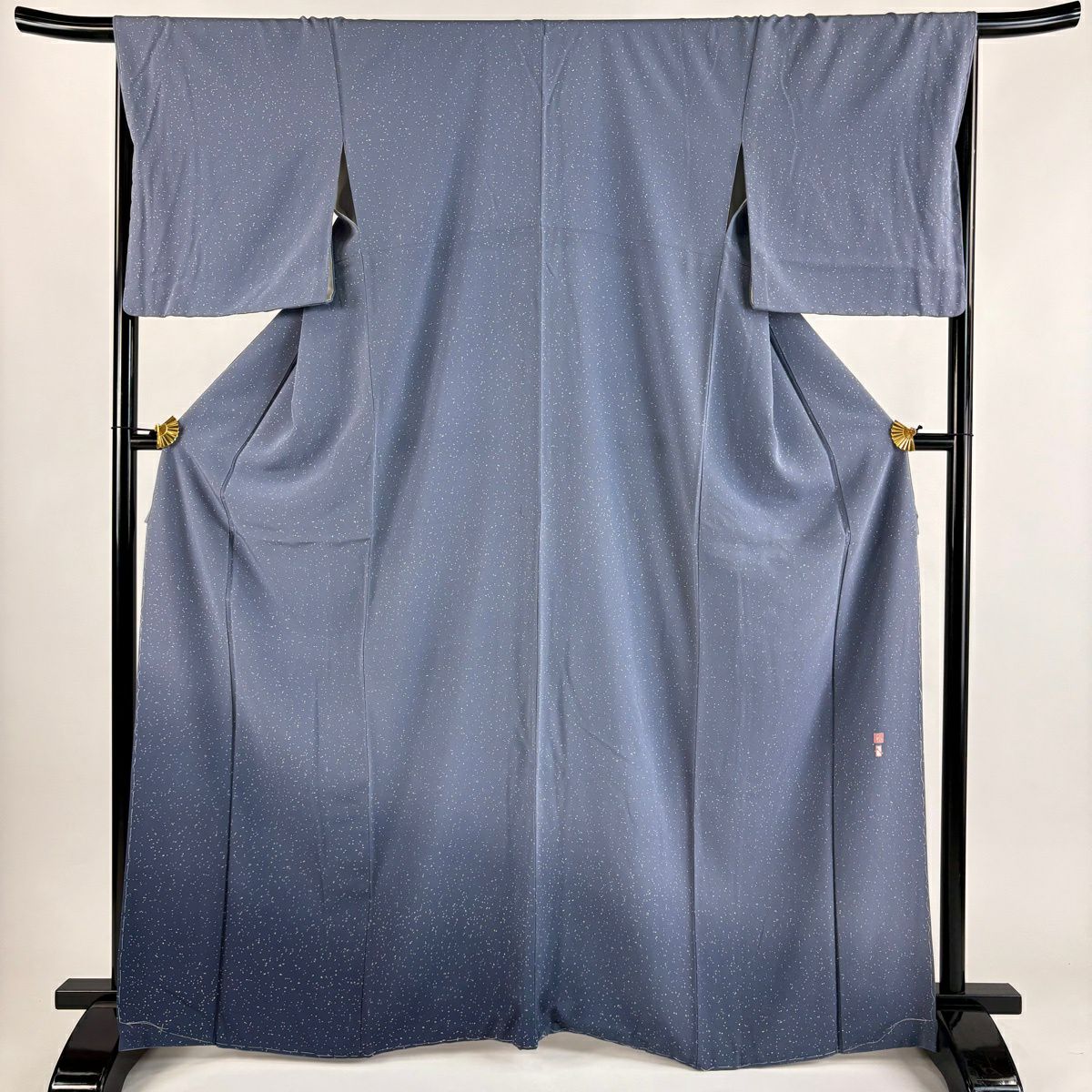 付下 身長166.5cm 袖長66.5cm M 雙層 岡村岳人 落款あり 幾何學圖案 裾暈染 青灰 純蠶絲 秀品級