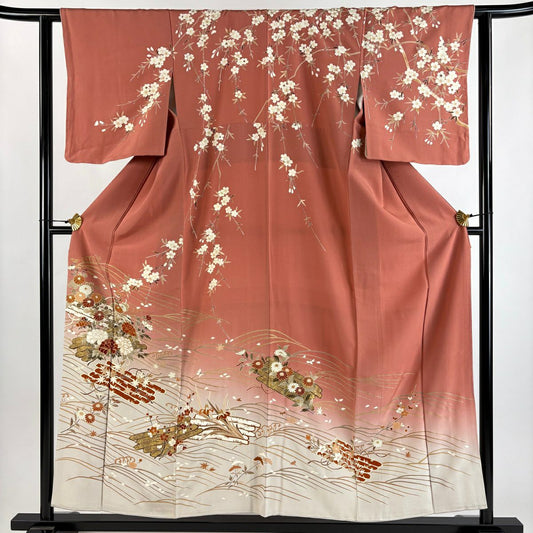 訪問服 身長156cm 袖長61.5cm S 雙層 枝垂櫻 花筏 金絲 金銀彩 粉紅 純蠶絲 優品級