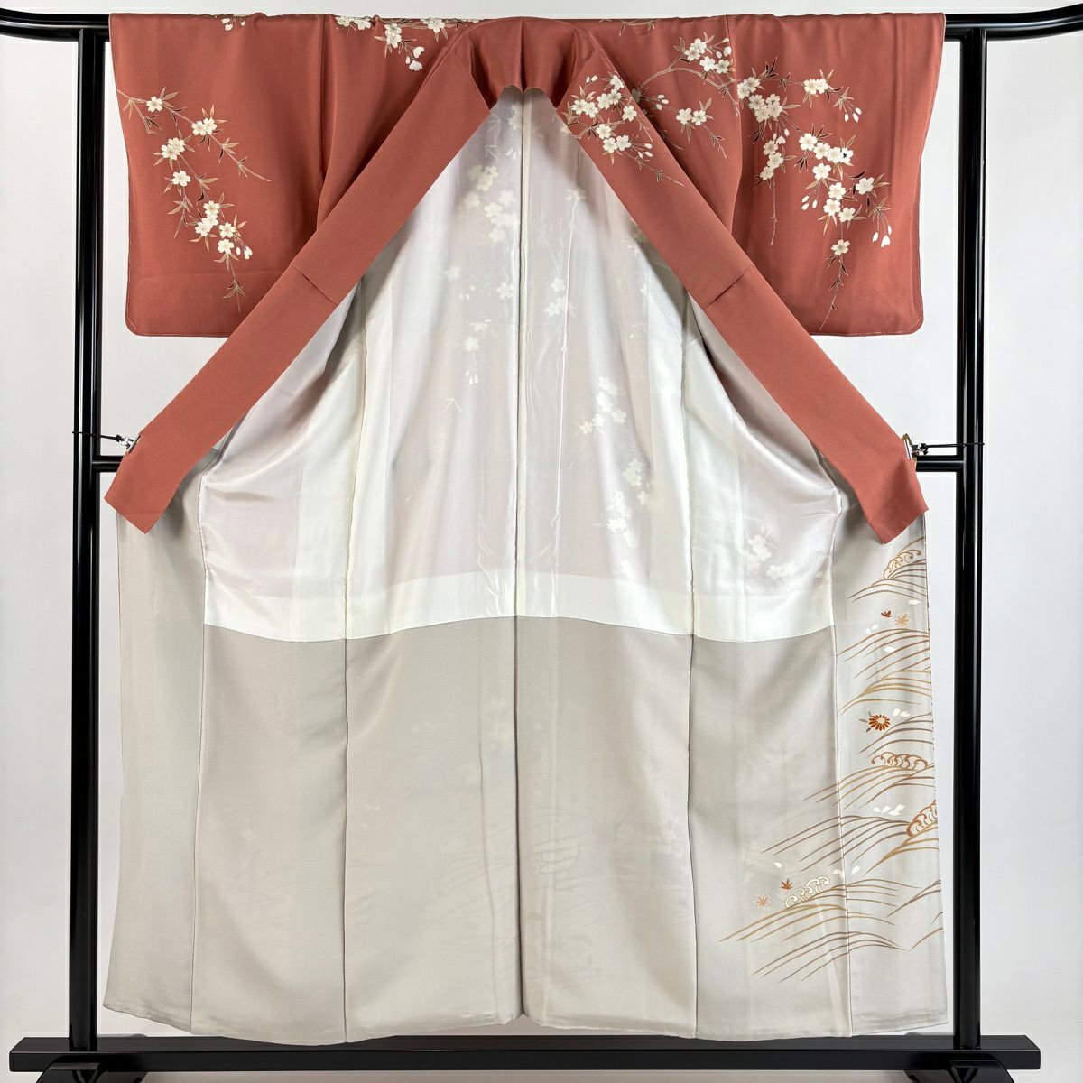 訪問服 身長156cm 袖長61.5cm S 雙層 枝垂櫻 花筏 金絲 金銀彩 粉紅 純蠶絲 優品級
