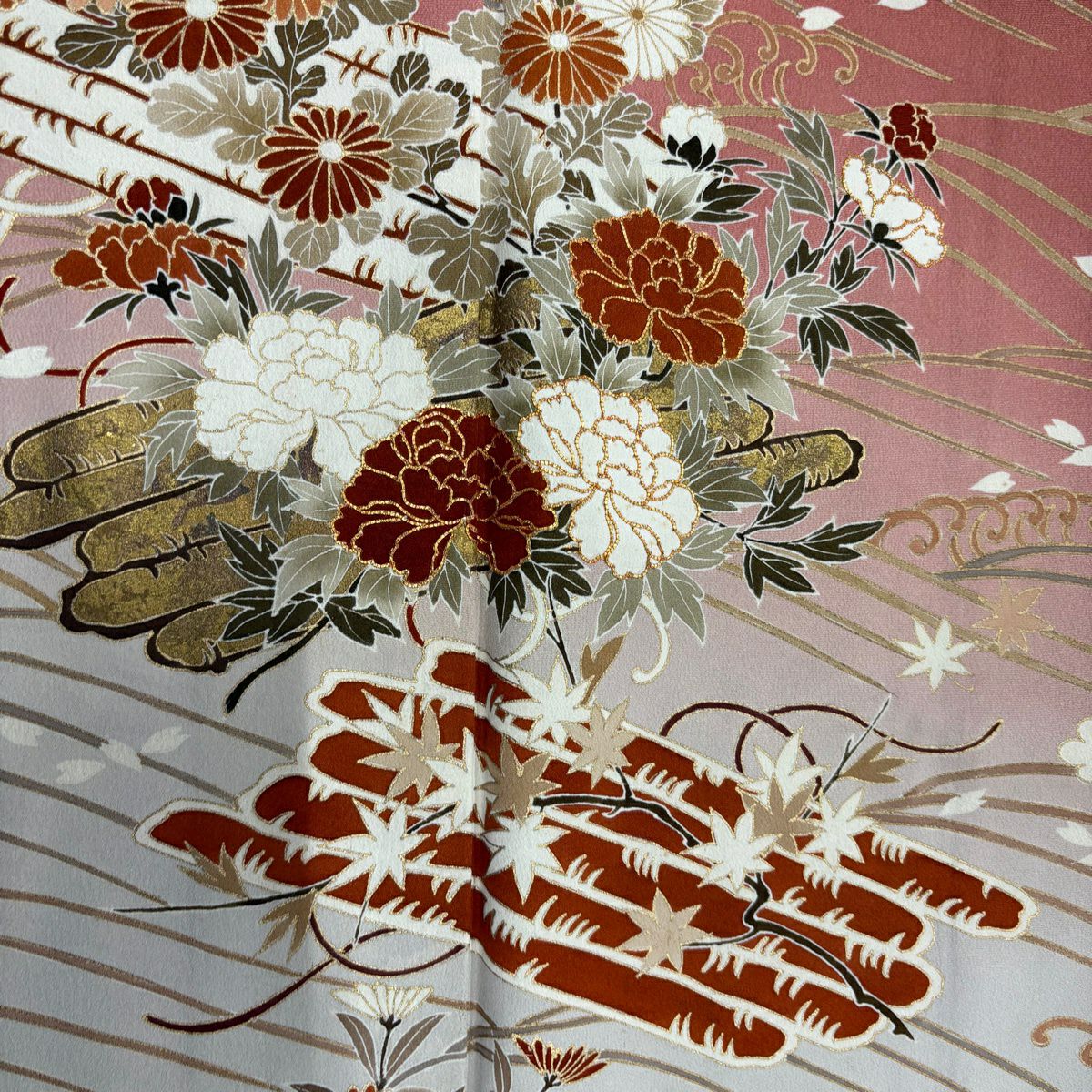訪問服 身長156cm 袖長61.5cm S 雙層 枝垂櫻 花筏 金絲 金銀彩 粉紅 純蠶絲 優品級