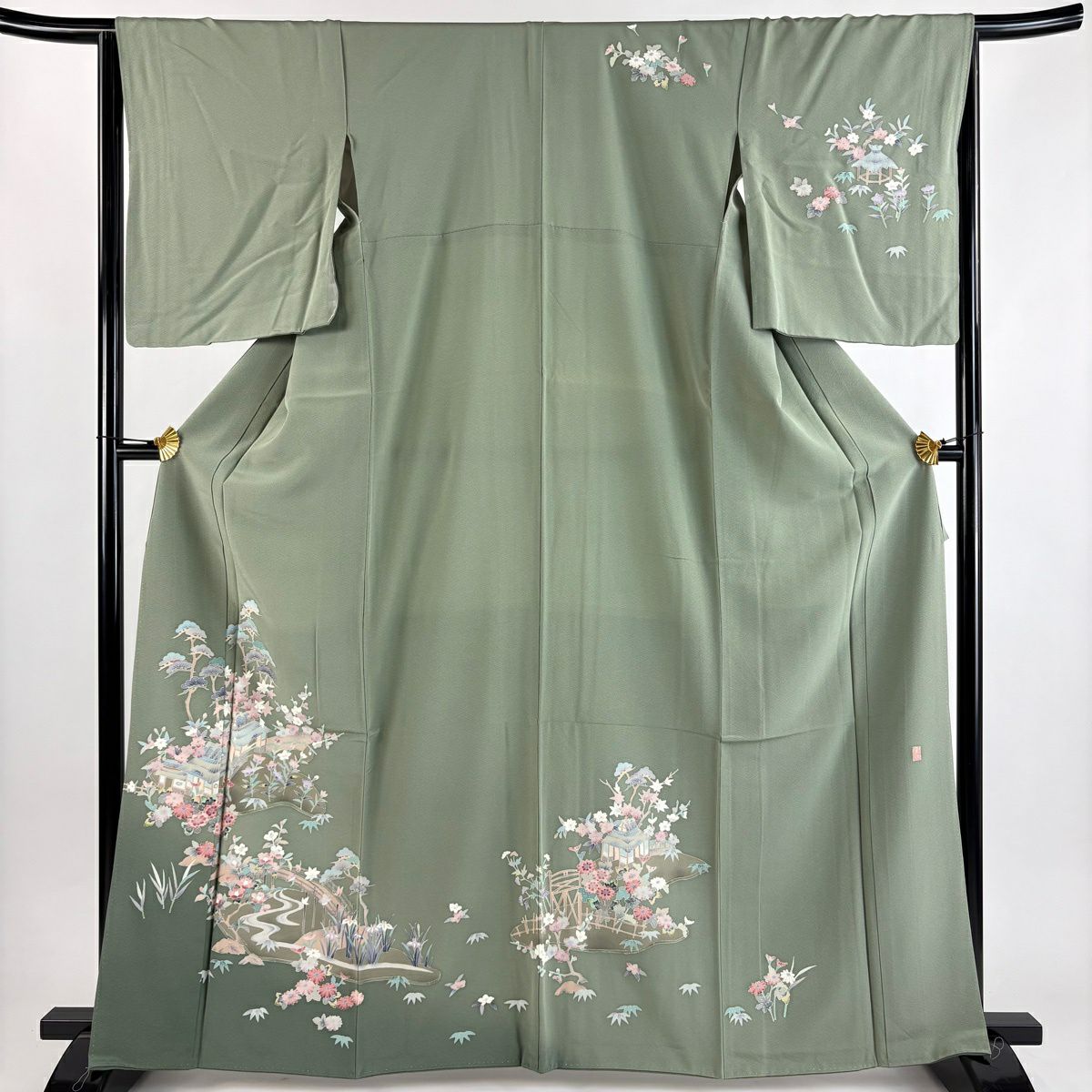 訪問服 身長164.5cm 袖長64cm M 雙層 和泉衛知 加賀友禪 落款あり 松樹竹子梅花 家屋 染分 灰綠 純蠶絲 秀品級