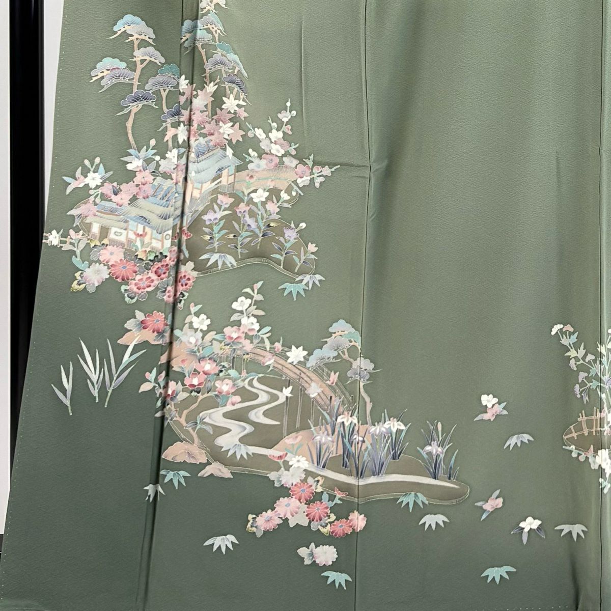 訪問服 身長164.5cm 袖長64cm M 雙層 和泉衛知 加賀友禪 落款あり 松樹竹子梅花 家屋 染分 灰綠 純蠶絲 秀品級