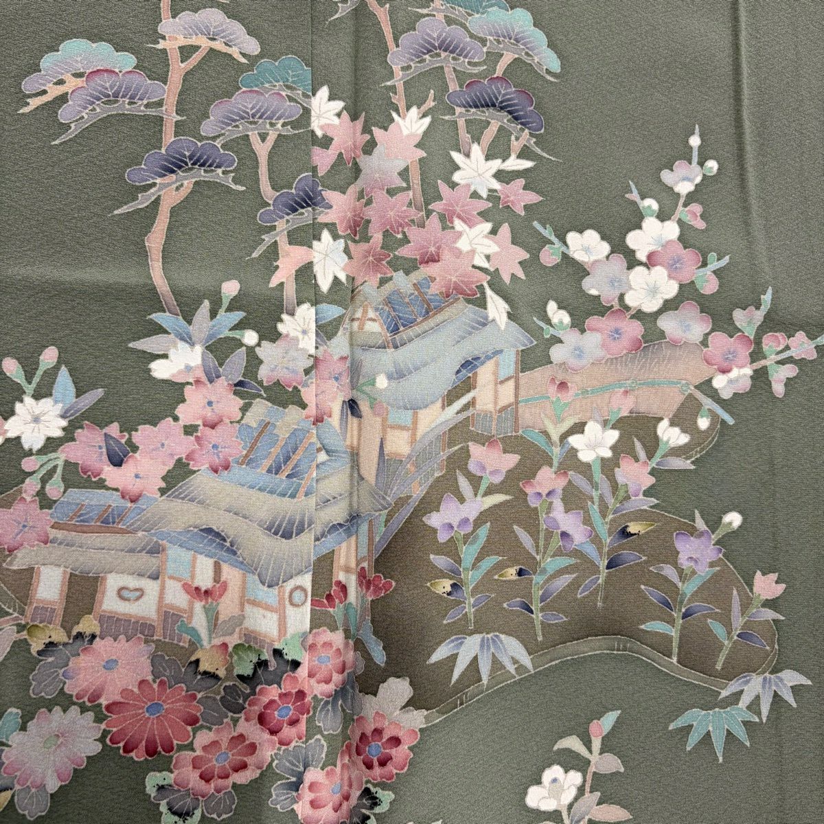 訪問服 身長164.5cm 袖長64cm M 雙層 和泉衛知 加賀友禪 落款あり 松樹竹子梅花 家屋 染分 灰綠 純蠶絲 秀品級