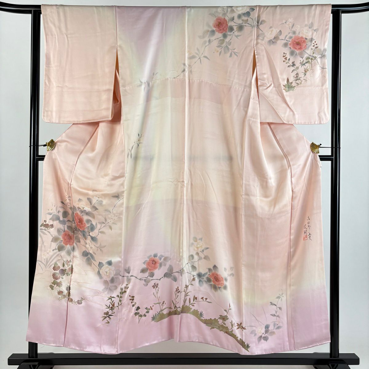 訪問服 身長153cm 袖長62.5cm S 雙層 落款有 椿 流水 金銀彩 漸變 粉紅 純蠶絲 優品級