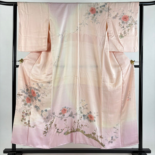 訪問服 身長153cm 袖長62.5cm S 雙層 落款有 椿 流水 金銀彩 漸變 粉紅 純蠶絲 優品級