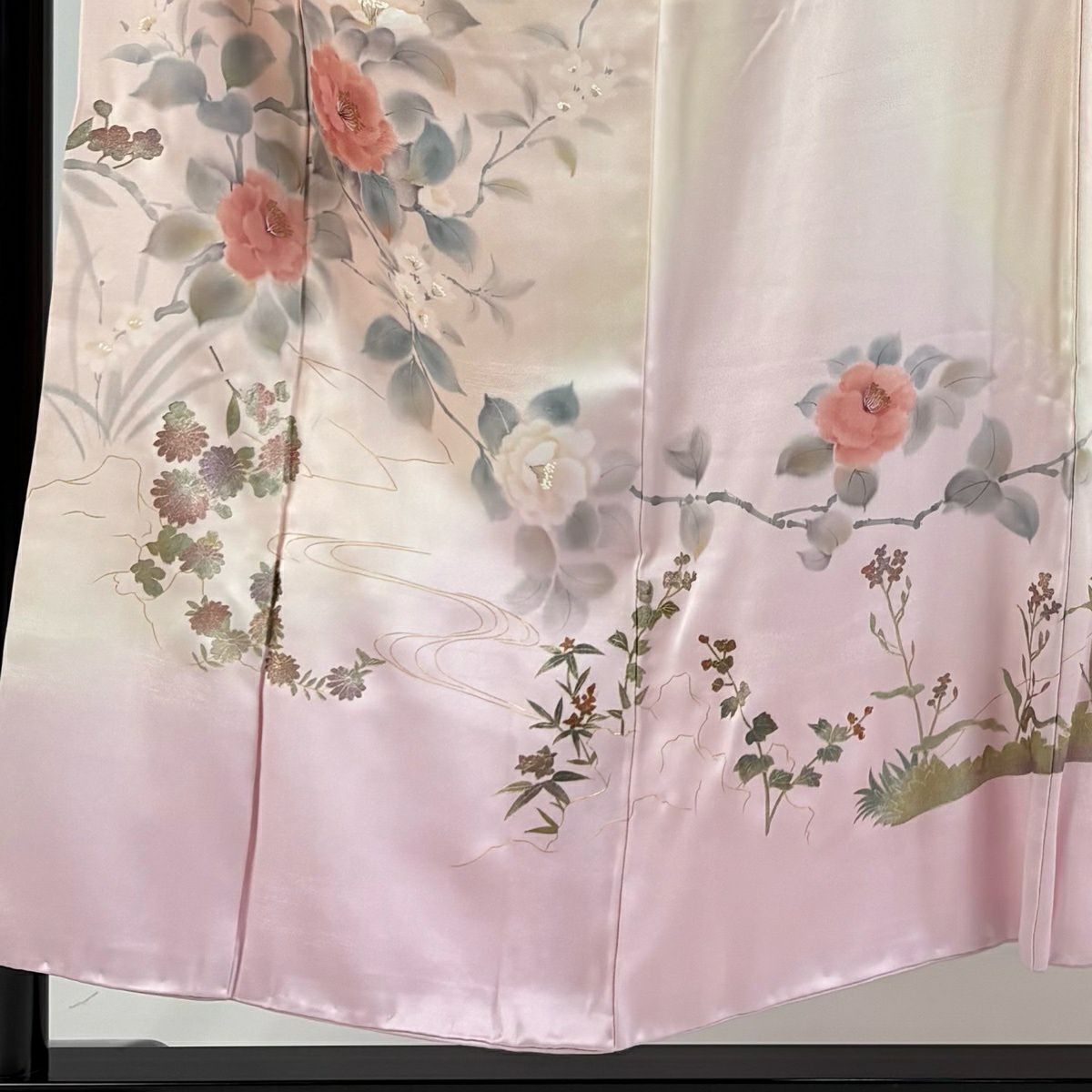 訪問服 身長153cm 袖長62.5cm S 雙層 落款有 椿 流水 金銀彩 漸變 粉紅 純蠶絲 優品級