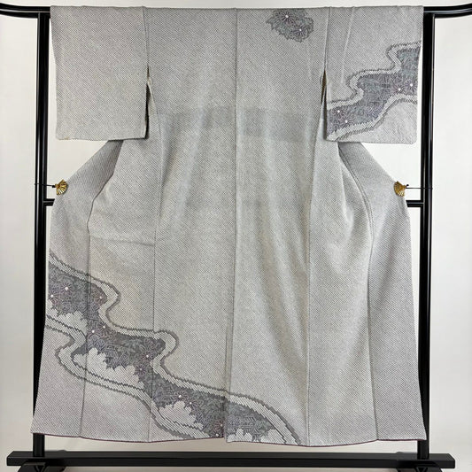 訪問服 身長150cm 袖長62cm S 雙層 菊花 流水 總絞 灰紫 純蠶絲 秀品級