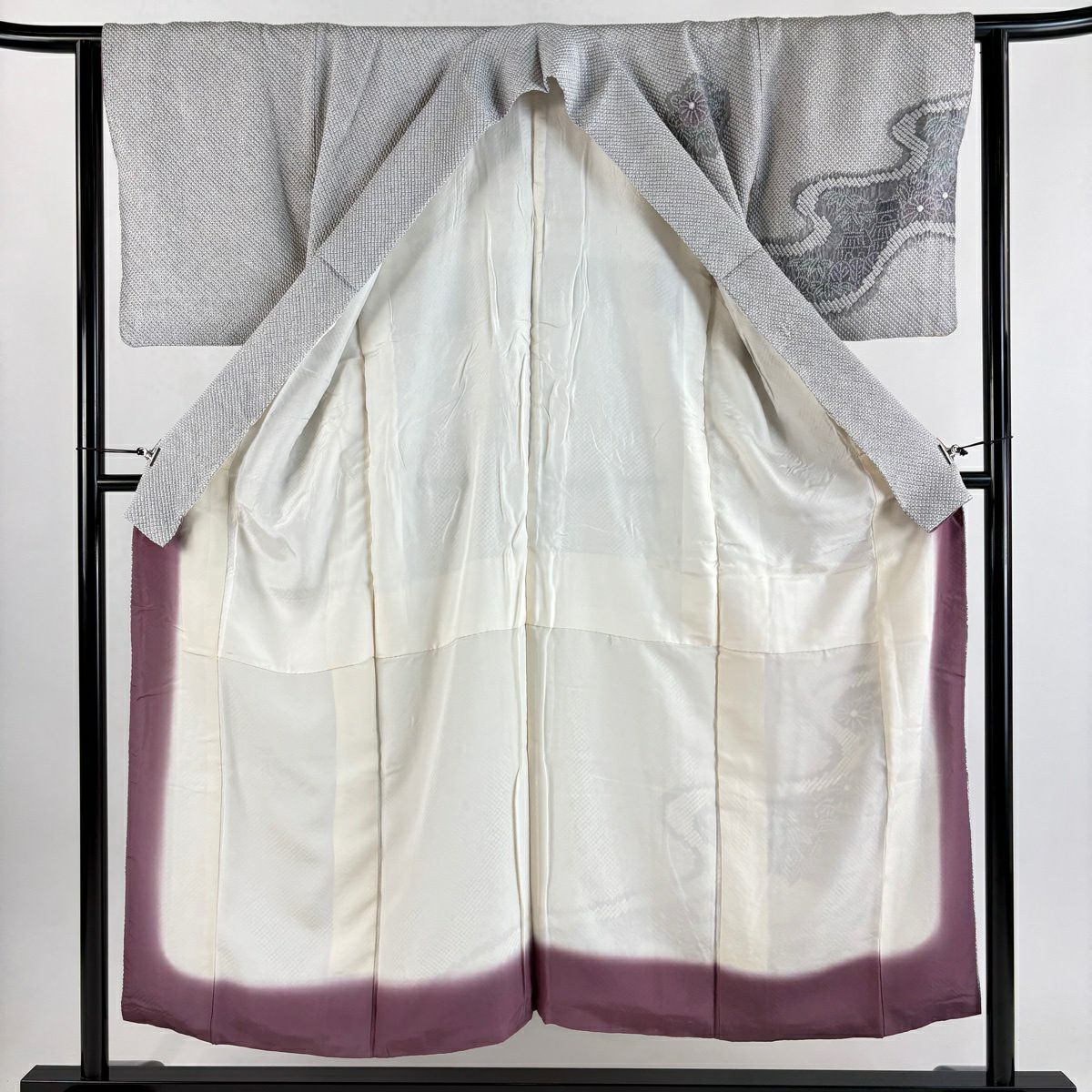 訪問服 身長150cm 袖長62cm S 雙層 菊花 流水 總絞 灰紫 純蠶絲 秀品級