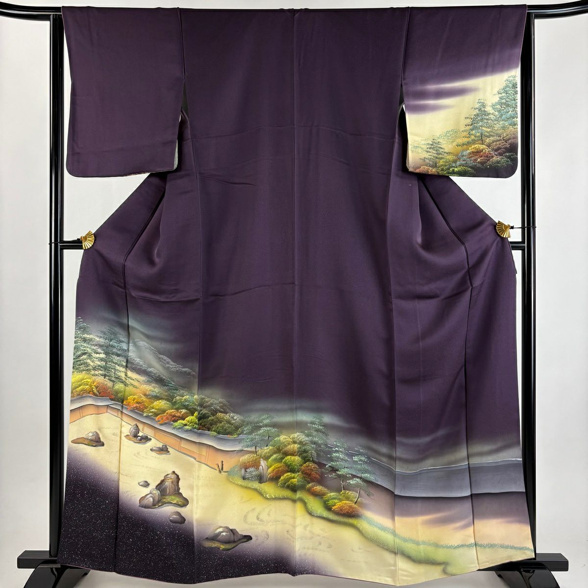 訪問服 身長162.5cm 袖長63.5cm S 雙層 庭園風景 枯山水 金糸 刺繡 濃紫 純蠶絲 秀品級