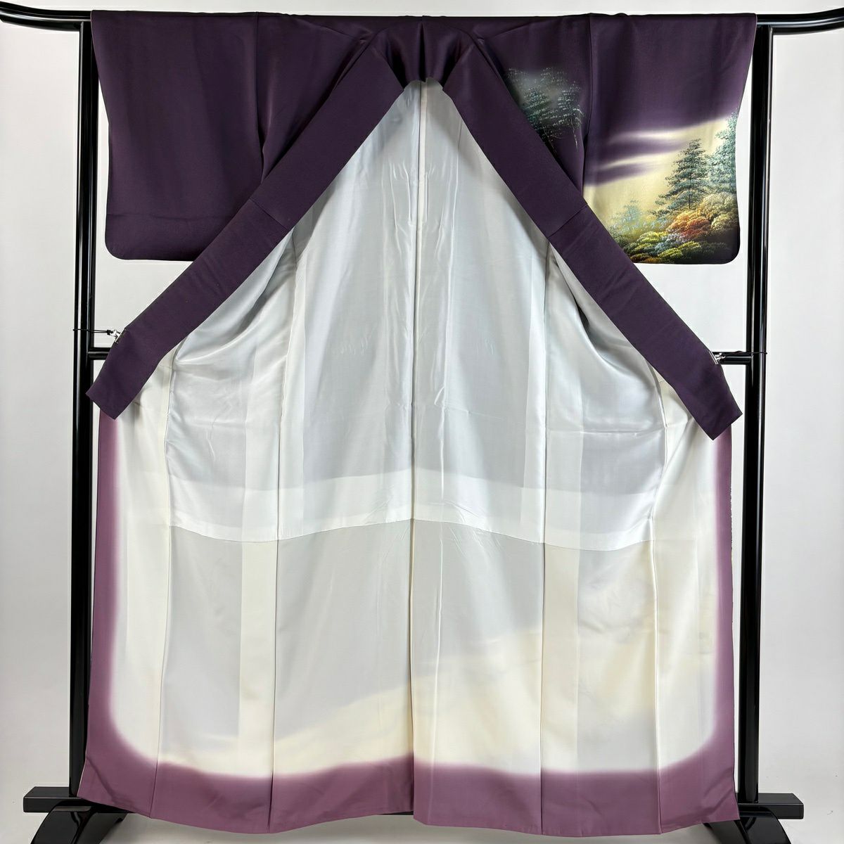 訪問服 身長162.5cm 袖長63.5cm S 雙層 庭園風景 枯山水 金糸 刺繡 濃紫 純蠶絲 秀品級