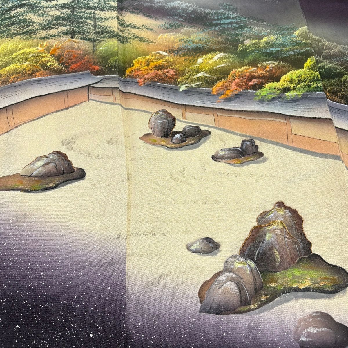 訪問服 身長162.5cm 袖長63.5cm S 雙層 庭園風景 枯山水 金糸 刺繡 濃紫 純蠶絲 秀品級