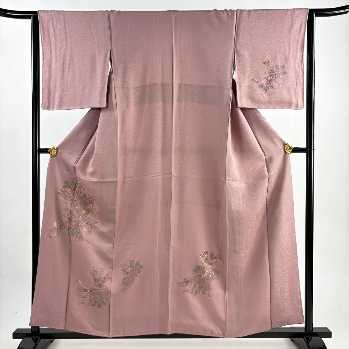 付下 身長158cm 袖長64cm M 雙層 束帶熨斗紋 菊花花刺繡 金絲 紅紫 純蠶絲 優品級