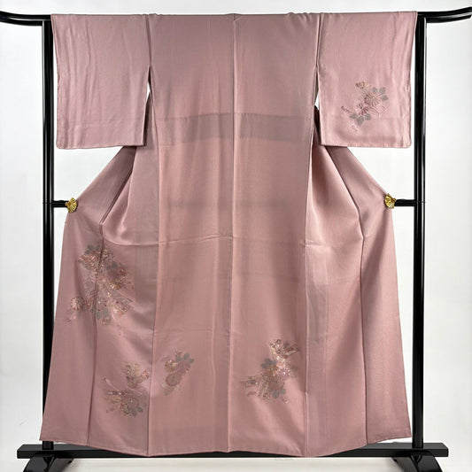 付下 身長158cm 袖長64cm M 雙層 束帶熨斗紋 菊花花刺繡 金絲 紅紫 純蠶絲 優品級
