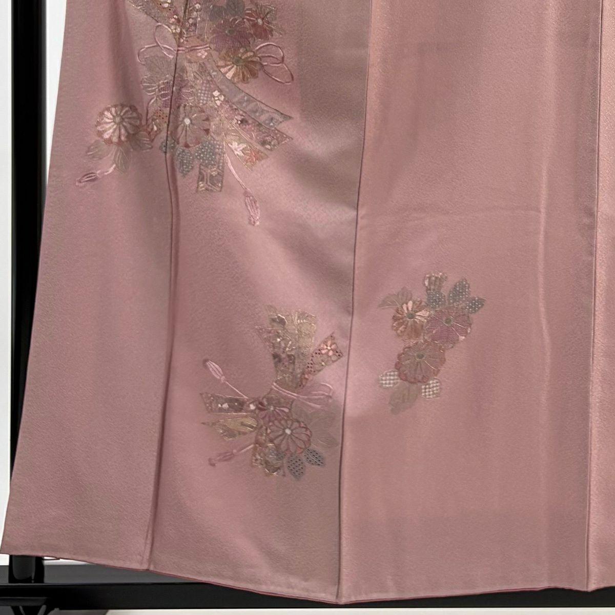付下 身長158cm 袖長64cm M 雙層 束帶熨斗紋 菊花花刺繡 金絲 紅紫 純蠶絲 優品級