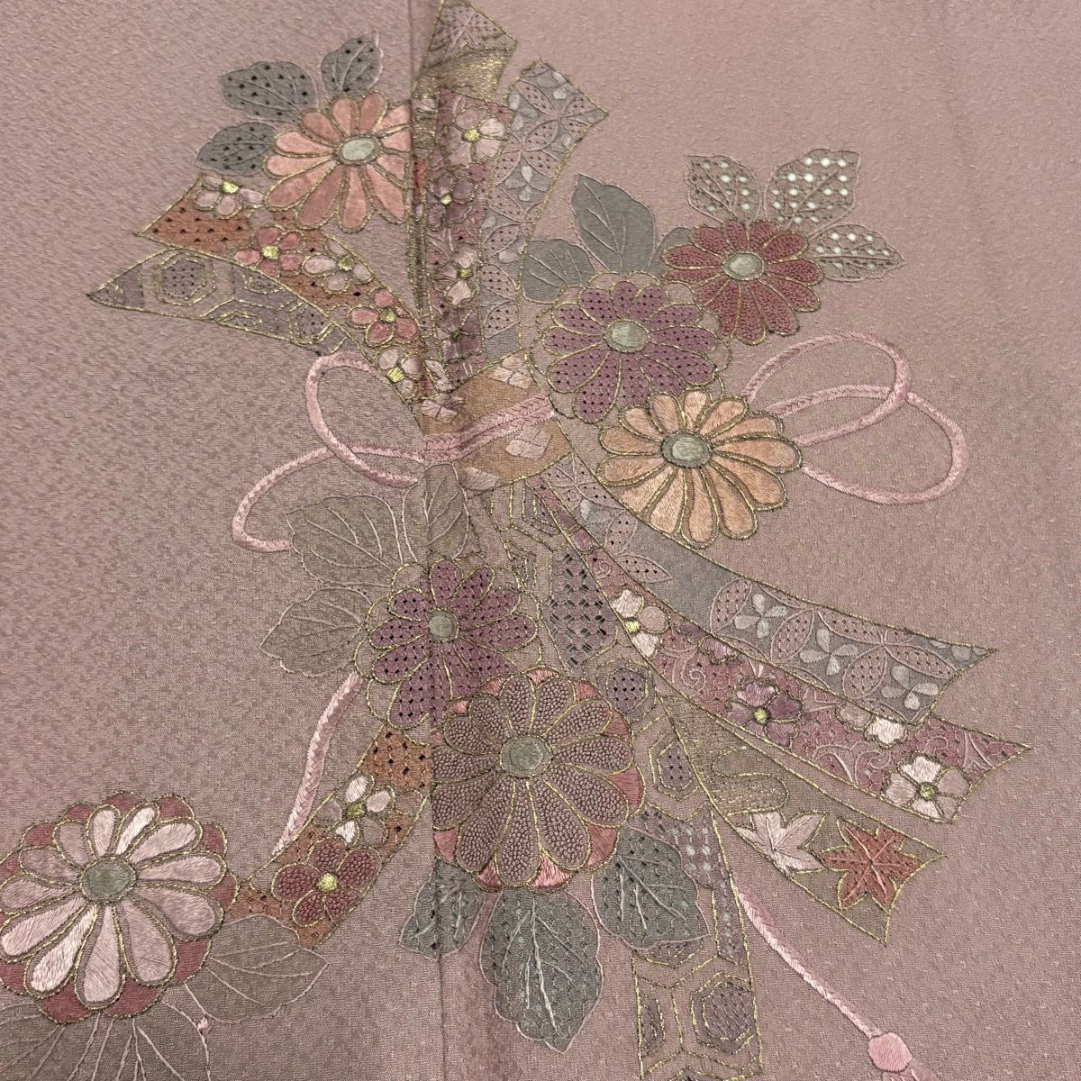 付下 身長158cm 袖長64cm M 雙層 束帶熨斗紋 菊花花刺繡 金絲 紅紫 純蠶絲 優品級