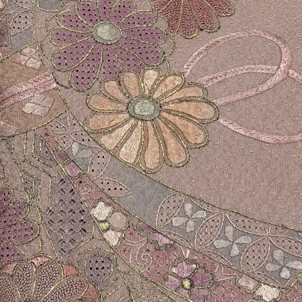 付下 身長158cm 袖長64cm M 雙層 束帶熨斗紋 菊花花刺繡 金絲 紅紫 純蠶絲 優品級