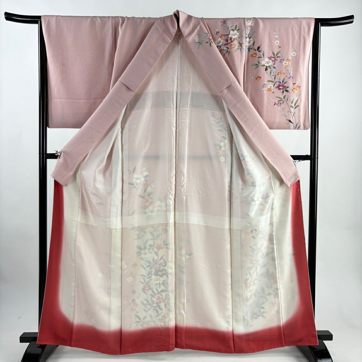 訪問服 身長163cm 袖長64cm M 雙層 草花紋紋 枝梅花 漸層 粉紅 純蠶絲 秀品級