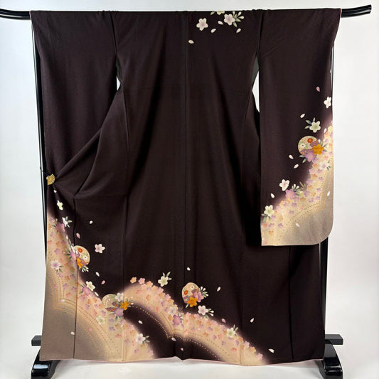 振袖禮服 身長168cm 袖長68.5cm L 雙層 樱花 球 金銀彩 漸層 茶紫 純蠶絲 優品級