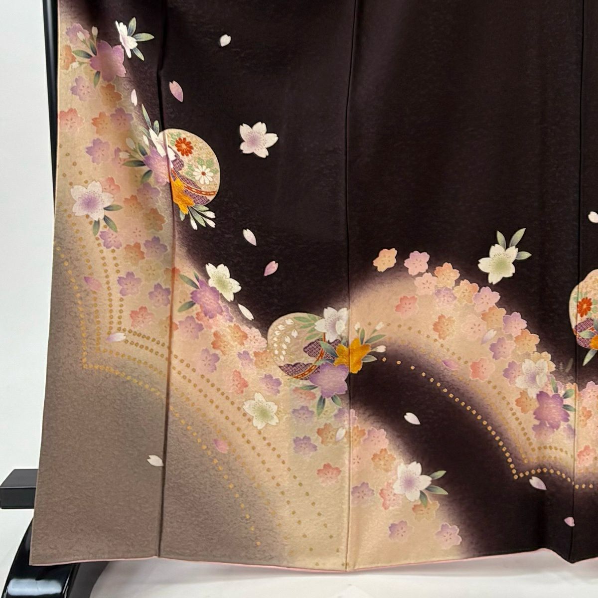 振袖禮服 身長168cm 袖長68.5cm L 雙層 樱花 球 金銀彩 漸層 茶紫 純蠶絲 優品級