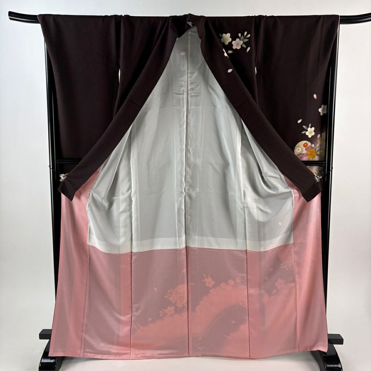 振袖禮服 身長168cm 袖長68.5cm L 雙層 樱花 球 金銀彩 漸層 茶紫 純蠶絲 優品級