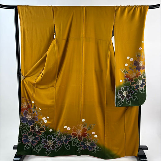 振袖禮服 身長168.5cm 袖長68.5cm L 雙層 草花紋紋 金銀彩 染分 山吹茶 純蠶絲 秀品級