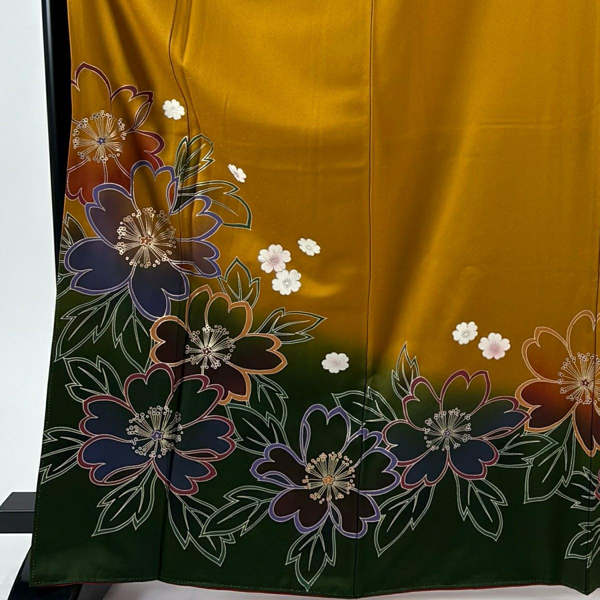振袖禮服 身長168.5cm 袖長68.5cm L 雙層 草花紋紋 金銀彩 染分 山吹茶 純蠶絲 秀品級