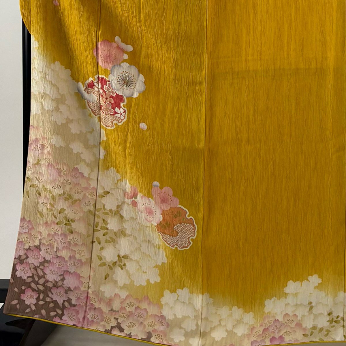 振袖禮服 身長166.5cm 袖長69cm L 雙層 雪輪 梅花 金金箔 金銀彩 山吹 純蠶絲 秀品級
