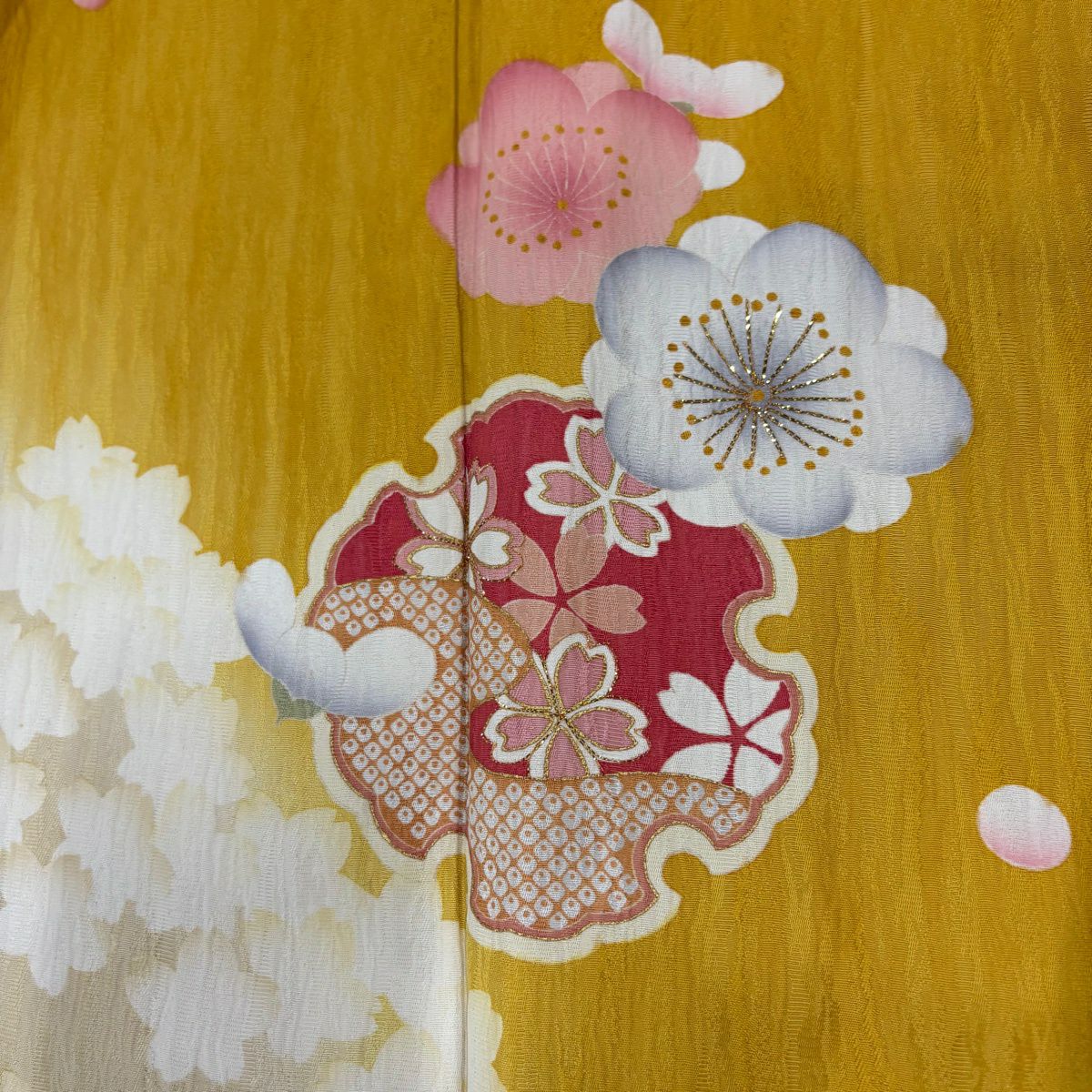 振袖禮服 身長166.5cm 袖長69cm L 雙層 雪輪 梅花 金金箔 金銀彩 山吹 純蠶絲 秀品級