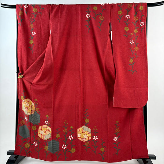 【美品】振袖禮服 身長164cm 袖長68cm L 雙層 龜甲 櫻花 金彩裝飾 紅 純蠶絲 秀品級
