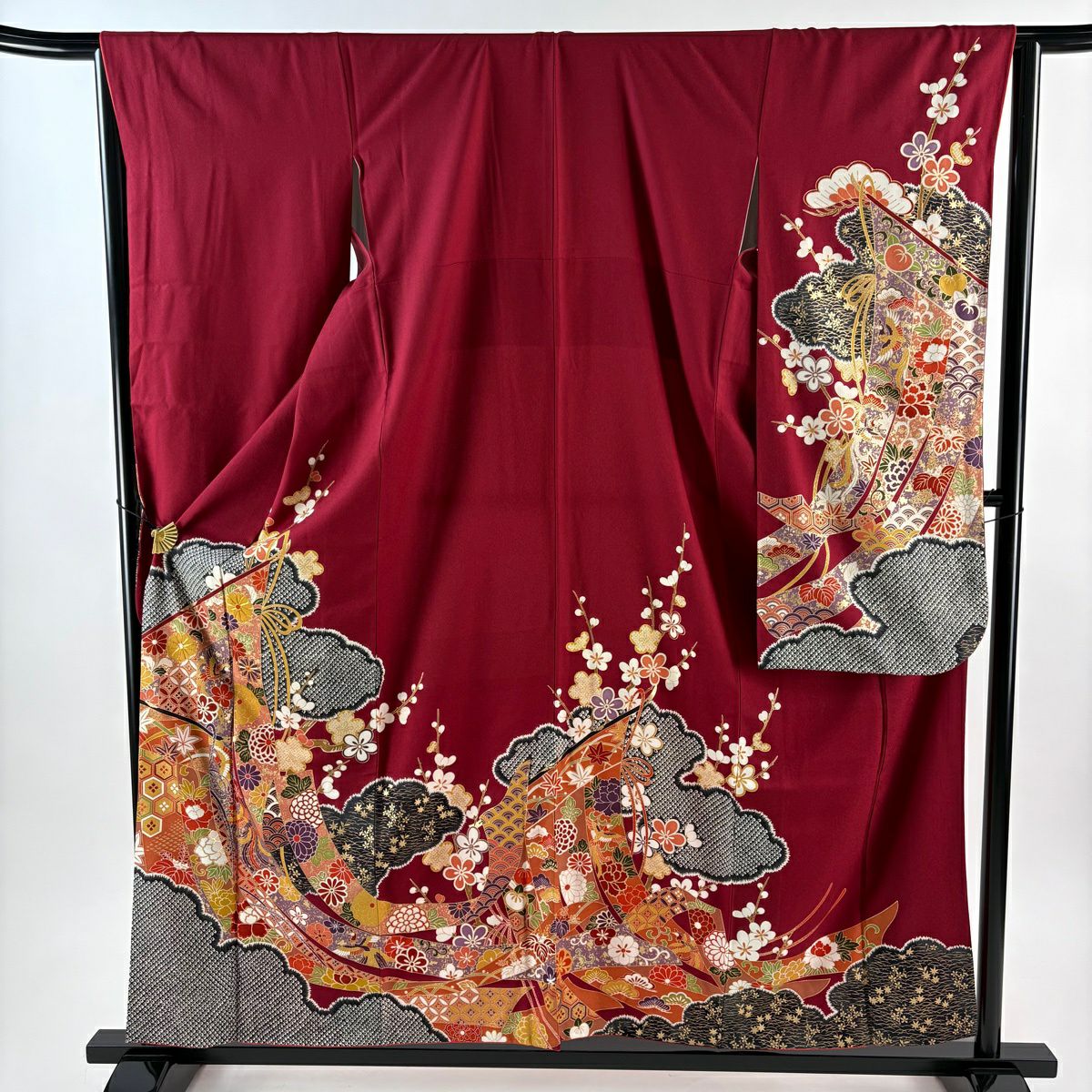 振袖禮服 身長158cm 袖長64.5cm M 雙層 幾帳 雲文 金絲 金銀彩 紅 純蠶絲 秀品級