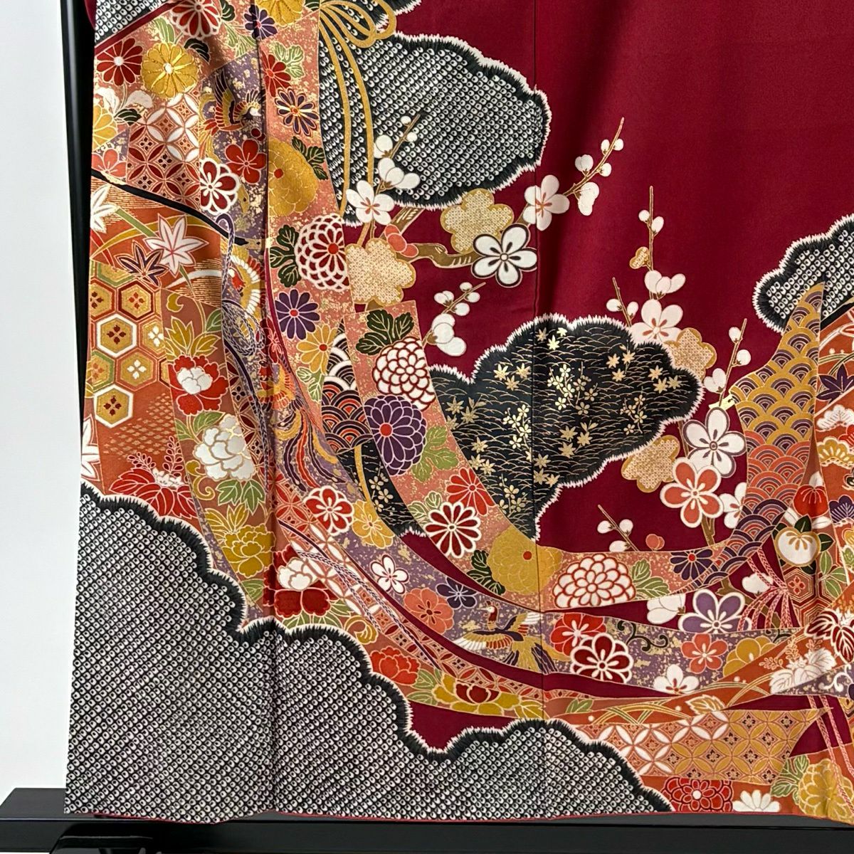 振袖禮服 身長158cm 袖長64.5cm M 雙層 幾帳 雲文 金絲 金銀彩 紅 純蠶絲 秀品級