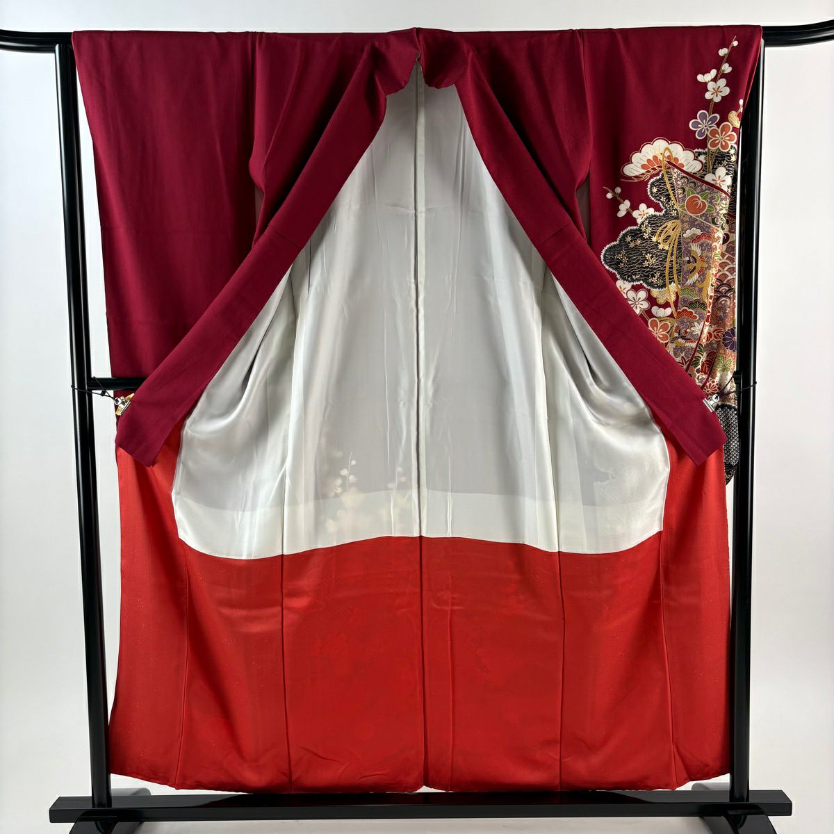 振袖禮服 身長158cm 袖長64.5cm M 雙層 幾帳 雲文 金絲 金銀彩 紅 純蠶絲 秀品級