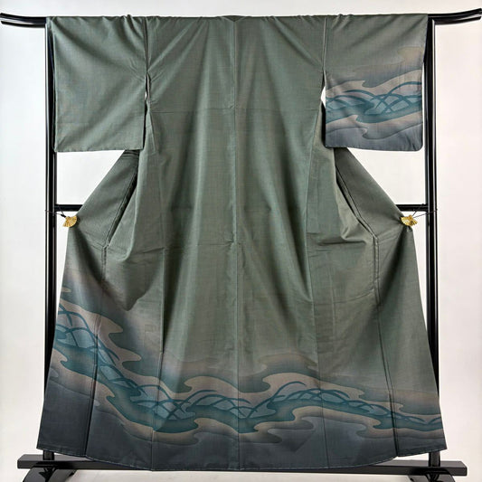 【美品】 付下 身長159.5cm 袖長66.5cm M 雙層 紬織織 流水剪影 深綠 純蠶絲 優品級