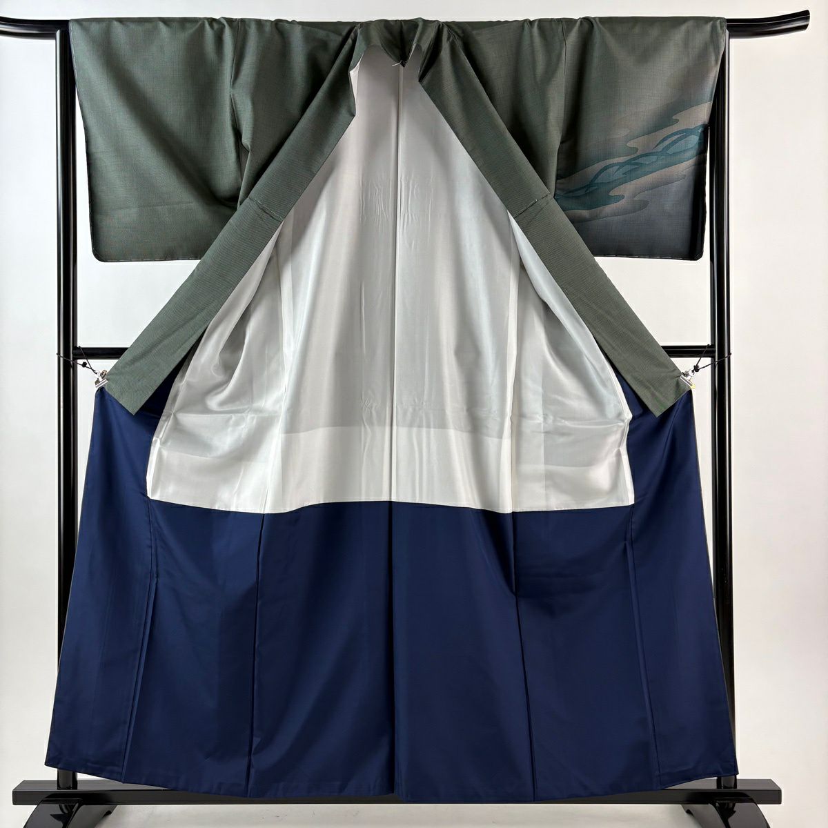 【美品】 付下 身長159.5cm 袖長66.5cm M 雙層 紬織織 流水剪影 深綠 純蠶絲 優品級
