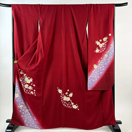 振袖禮服 身長167cm 袖長67.5cm L 雙層 樱花 樱花花瓣 金彩裝飾 漸層 紅 純蠶絲 優品級