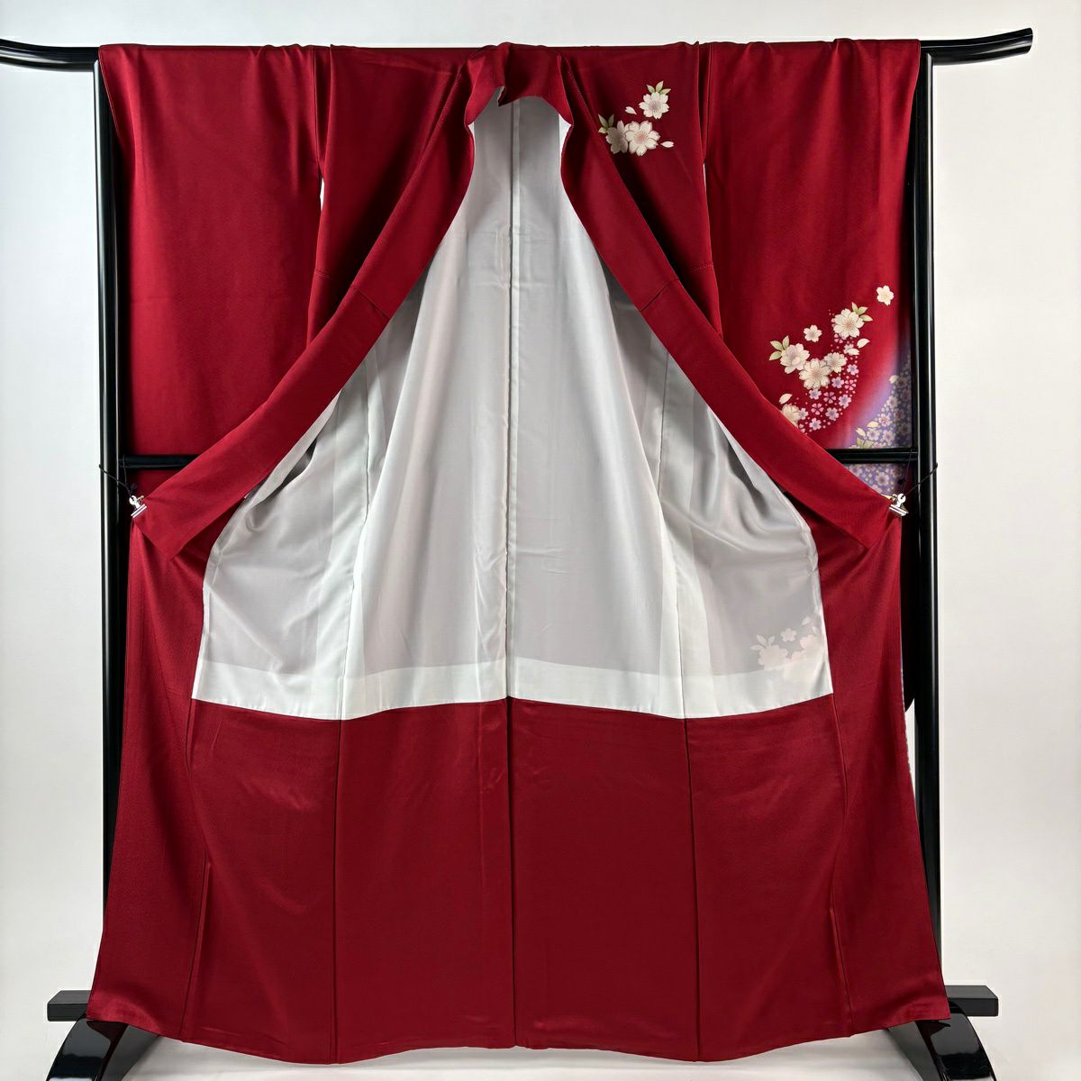 振袖禮服 身長167cm 袖長67.5cm L 雙層 樱花 樱花花瓣 金彩裝飾 漸層 紅 純蠶絲 優品級