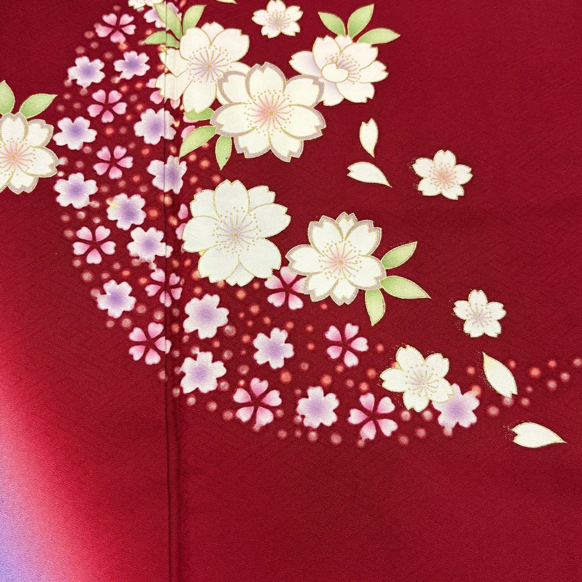 振袖禮服 身長167cm 袖長67.5cm L 雙層 樱花 樱花花瓣 金彩裝飾 漸層 紅 純蠶絲 優品級