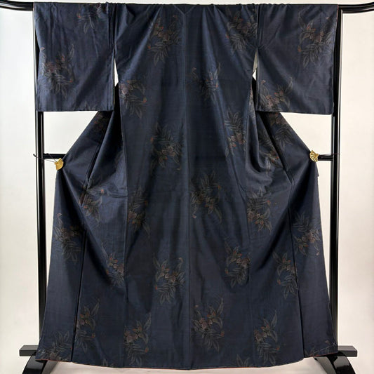 大島紬織 身長164.5cm 袖長67.5cm L 雙層 證書齊全 葉花紋 純泥染 深藍 純蠶絲 優品級